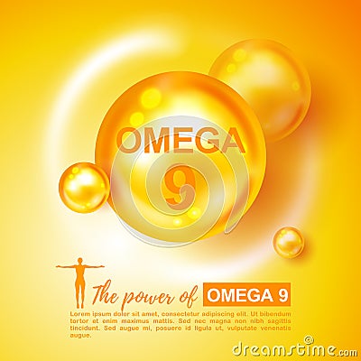 Vitamin Omega 9 vector illustration. Vitamin Omega-9 Fatty Acids gold shining pill. Omega-9. Vitamin complex with Chemical formula Vector Illustration