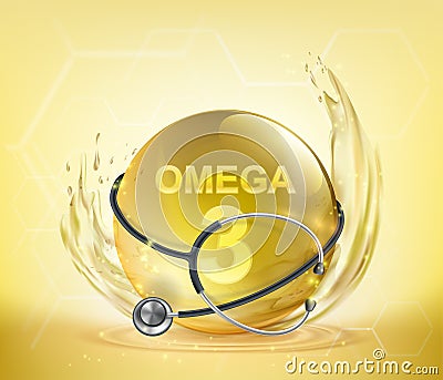 Vitamin Omega 3 yellow pill with medical stethoscope Vector Illustration