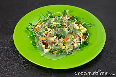 Vitamin salad with vegetables and microgrin on a green plate. Stock Photo