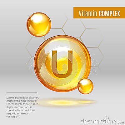 Vitamin U gold shining pill capcule icon . Vitamin complex with Chemical formula, S-Methylmethionine. Shining golden Vector Illustration