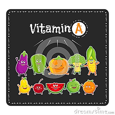 Vitamin a vegetables and fruits. Healthy food illustration. Vegetable and fruit characters Vector Illustration