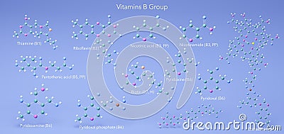 Vitamins B Group, molecular structures, 3d model, Structural Chemical Formula and Atoms with Color Coding Stock Photo