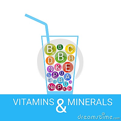 Vitamins Cocktail Glass Essential Chemical Elements Nutrient Minerals Vector Illustration