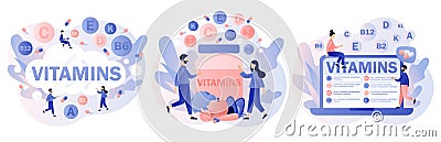 Vitamins complex. Multi vitamin supplement, vitamin A, group B B1, B2, B6, B12, C, D, E, K. Tiny people and healthy Vector Illustration