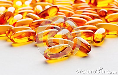 Vitamins, dietary supplement, the tablets Omega 3 cod-liver oil close up on a light background Stock Photo