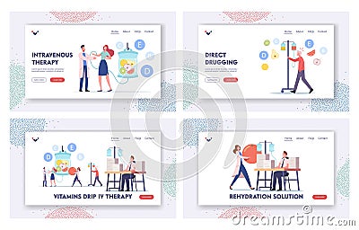 Vitamins Dripping, Iv Therapy Landing Page Template Set. Characters Apply Intravenous Infusion of Nutrients via Droppers Vector Illustration