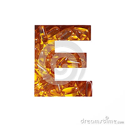 Vitamins E. Omega supplement. Letter E made of oil fish pills and paper cut isolated on white. Typeface for pharmacy Stock Photo