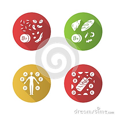 Vitamins flat design long shadow glyph icons set. B1, B9 natural food source. Vitamin complex, cocktail. Nuts, flour Vector Illustration