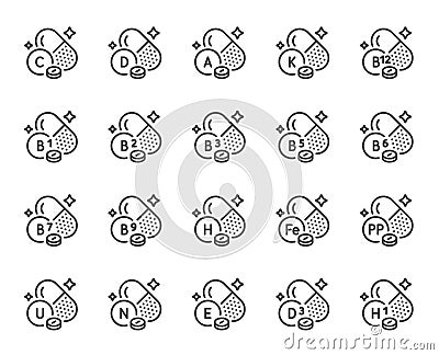 Vitamins food supplements capsules line icons. Healthy nutrition, natural vitamins and multivitamin complex set. Vector Vector Illustration