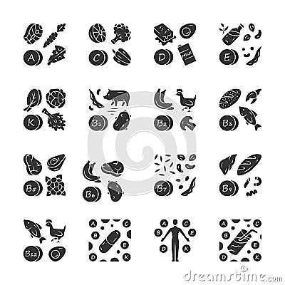 Vitamins glyph icons set. A, C, D, E, K, B natural food source. Vitamin pill, complex, cocktail. Fruits and vegetables Vector Illustration