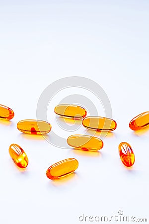 Vitamins omega 3 cod-liver oil dietary supplement and tablets Stock Photo