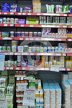 Vitamins on supermarket shelves Editorial Stock Photo