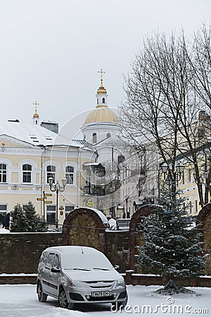 Vitebsk, Belarus, January 5, 2024. Car in the courtyard in the old town in winter. Editorial Stock Photo