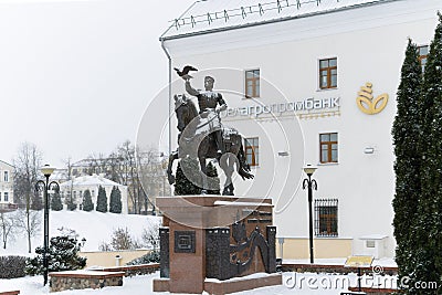 Vitebsk, Belarus, January 5, 2024. Statue of Prince Olgerd on a horse on the square in winter. Editorial Stock Photo