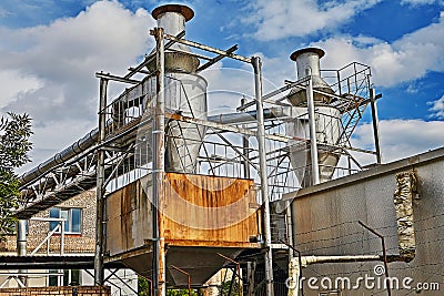 Terminals of grain loading and unloading handling equipment, mechanized bakery. Editorial Stock Photo