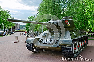 Tank T-34 on Alley of military glory in Park of Winners, Vitebsk, Belarus Editorial Stock Photo