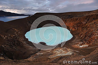 Viti crater and geothermal lake at Askja caldera in midnight lights, Oskjuvatn lake is at background Stock Photo