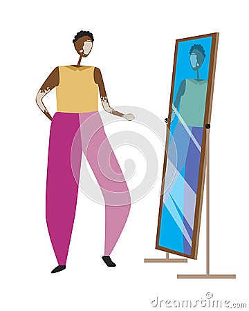 African girl with vitiligo and mirror isolated on white background for design, flat vector stock illustration with black woman as Vector Illustration
