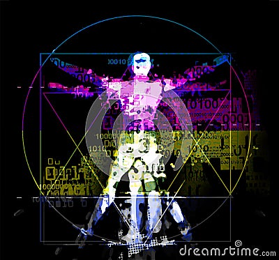 Vitruvian man with binary code, modern variation on the famous symbol. Stock Photo