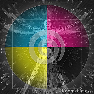Vitruvian man with binary codes on CMYK color circle. Editorial Stock Photo