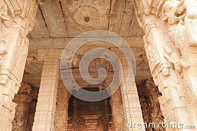 Rock pillar carvings - Vijaya Vitthala temple at Hampi, Karnataka - archaeological site in India - India tourism Stock Photo