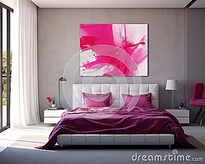 Viva magenta bedroom interior design features a white furniture bed. Stock Photo