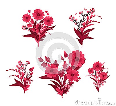 Viva Magenta! Floral Arrangements. Blooming Red and Pink meadow compositions - flowers leaves and hearts Cartoon Illustration