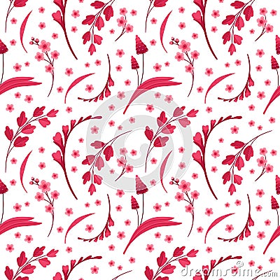 Viva Magenta! Floral Seamless Pattern. Blooming Flowers, Red and Pink Leaves and Hearts. V Stock Photo