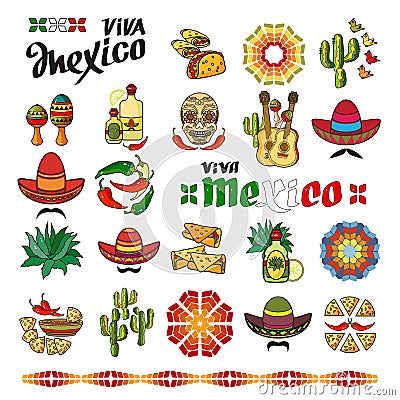 Viva Mexico icon. Set of cute various mexican icons. Vector Illustration