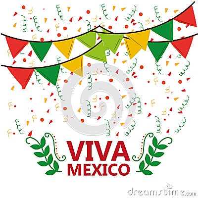 Viva mexico poster confetti garland leaves party Vector Illustration