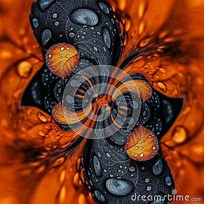 Vivid Abstract Composition with Orange and Black Swirling Patterns and Textured Elements Creating a Dynamic Visual Design. Stock Photo