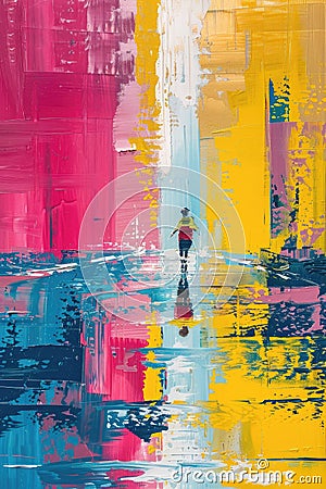 Vivid abstract painting of a solitary figure reflected on a wet surface amidst colorful strokes. Stock Photo