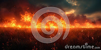 Dramatic fiery blaze engulfing the horizon at dusk. intense wildfire scene suitable for disaster awareness. realistic Stock Photo
