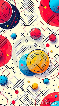 Vivid array of abstract planets and orbits in dynamic, geometric composition, invoking a sense of space and technology. Stock Photo