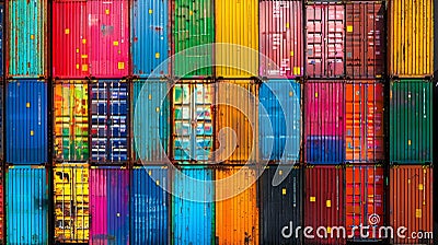 Vivid assortment of cargo containers aligned in a striking row for efficient shipping logistics Stock Photo