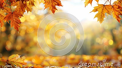Vivid autumn banner featuring an array of blurred maple leaves in rich, warm orange hues. Stock Photo