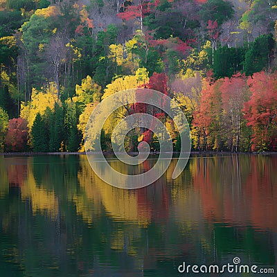 Vivid autumn hues envelop a serene lake nestled in woods Stock Photo