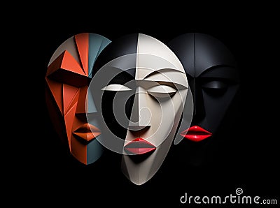 Vivid, black three abstract faces on black Stock Photo