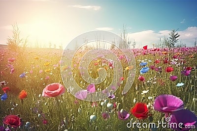 Vivid and bright flowers in a field with photorealistic landscapes in spring and summer. Help save the planet! Generative AI Stock Photo