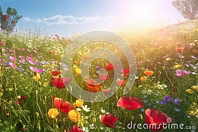Vivid and bright flowers in a field with photorealistic landscapes in spring and summer. Help save the planet! Generative AI Stock Photo