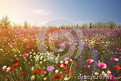 Vivid and bright flowers in a field with photorealistic landscapes in spring and summer. Help save the planet! Generative AI Stock Photo