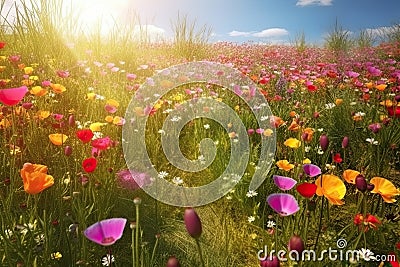 Vivid and bright flowers in a field with photorealistic landscapes in spring and summer. Help save the planet! Generative AI Stock Photo