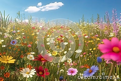 Vivid and bright flowers in a field with photorealistic landscapes in spring and summer. Help save the planet! Generative AI Stock Photo