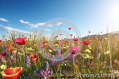 Vivid and bright flowers in a field with photorealistic landscapes in spring and summer. Help save the planet! Generative AI Stock Photo