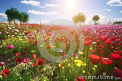 Vivid and bright flowers in a field with photorealistic landscapes in spring and summer. Help save the planet! Generative AI Stock Photo