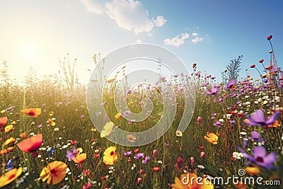 Vivid and bright flowers in a field with photorealistic landscapes in spring and summer. Help save the planet! Generative AI Stock Photo