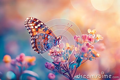 A vivid butterfly on a multihued flower in a detailed macro shot, framed by a soft bokeh backdrop, Generated AI Stock Photo