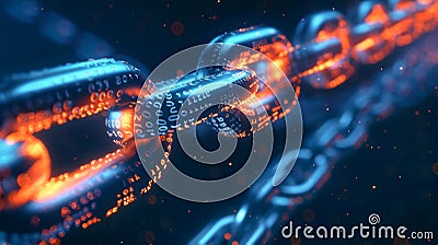 A vivid chain of binary code intertwines in a digital landscape, symbolizing the innovative essence of blockchain technology and Stock Photo