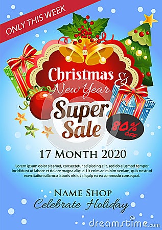 Vivid christmas poster with bell present box decoration Vector Illustration