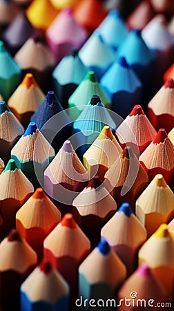 Vivid close up colored sharpener pencils, macro shot of pencils Stock Photo
